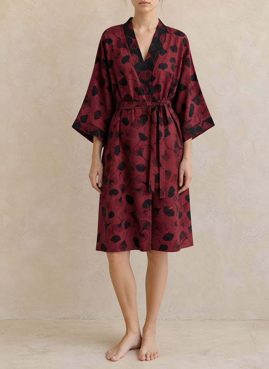 Sophie — Women's Kimono Robe with Ginkgo Leaf Print and Tie Belt (11), Fashions Galleries