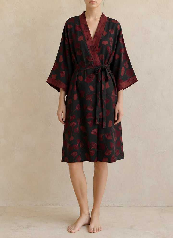 Sophie — Women's Kimono Robe with Ginkgo Leaf Print and Tie Belt (12), Fashions Galleries