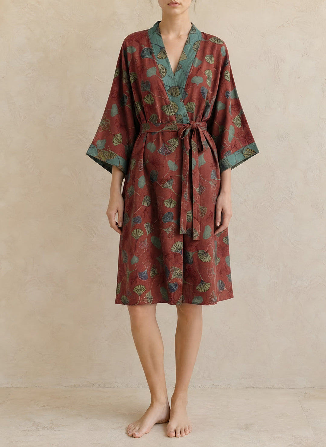 Sophie — Women's Kimono Robe with Ginkgo Leaf Print and Tie Belt (13), Fashions Galleries