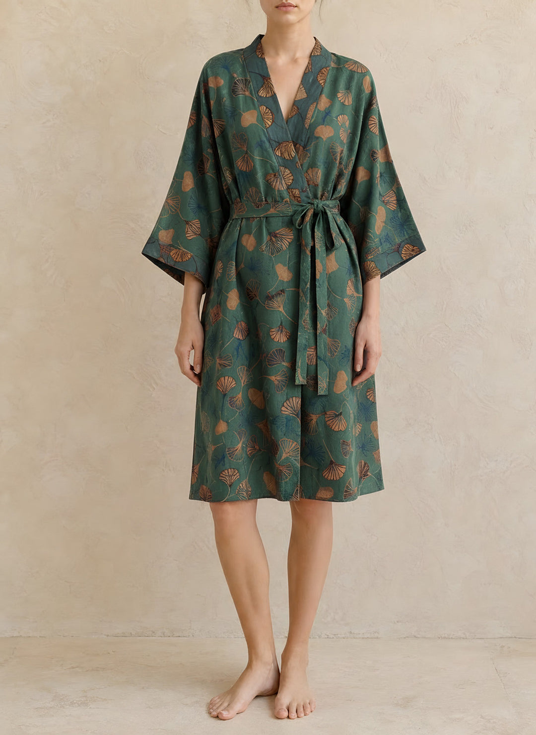 Sophie — Women's Kimono Robe with Ginkgo Leaf Print and Tie Belt (14), Fashions Galleries
