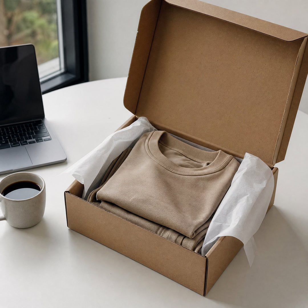Clothing packed in a shipping box on a desk