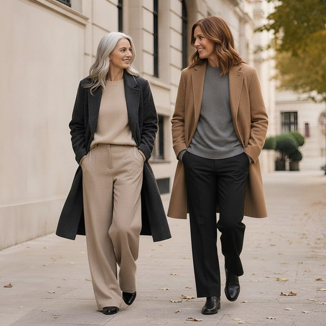Two women walking in autumn coats